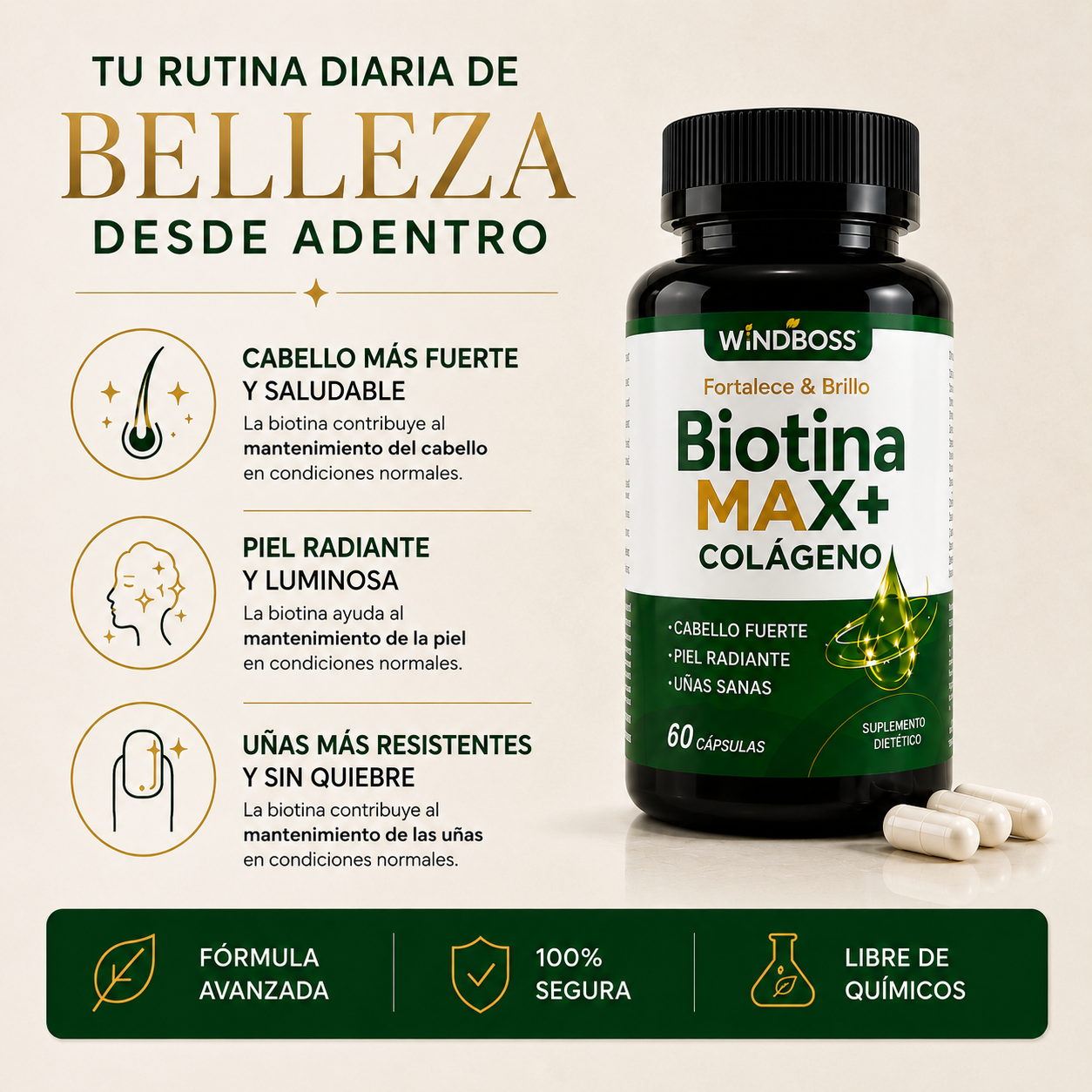 BIOTINA MAX + COLAGENO - FORTALECE TU CABELLO Y UÑAS